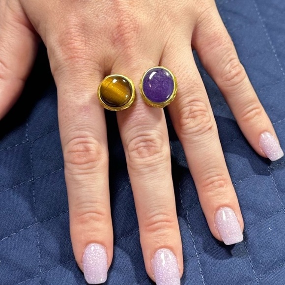 May Kathryn Design Unique 2 Stone Gold Tone Ring. Size 8. 2 Natural Gemstones. - Picture 1 of 17